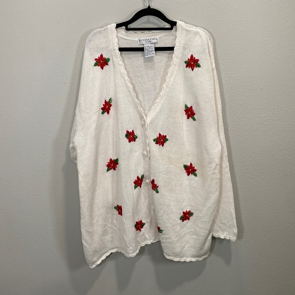 Victoria Jones Christmas sweater cardigan poinsettia‎ beaded